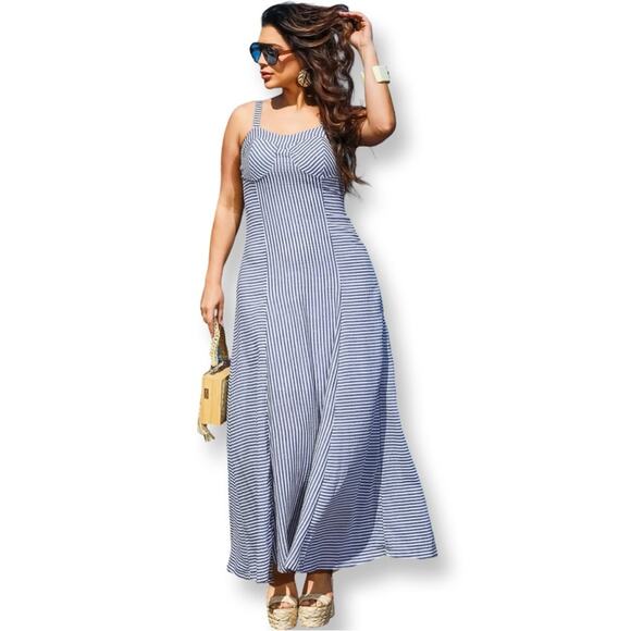 New Jessica Simpson Blue & White Stripe Nautical Cotton Midi Dress Sz M - Picture 1 of 6